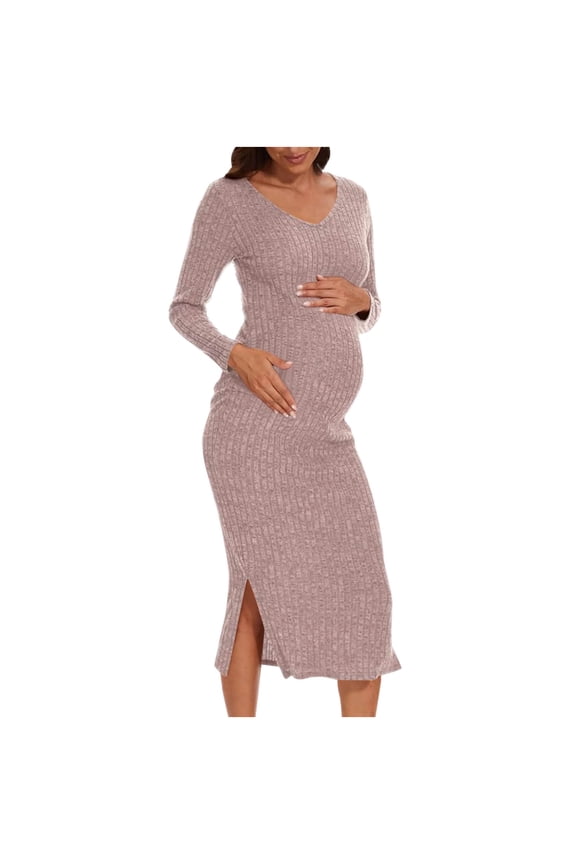 Women's Maternity Long Dress Long Sleeve V Neck Knitted Dress Pregnant Fall Winter Basic Slit Dress