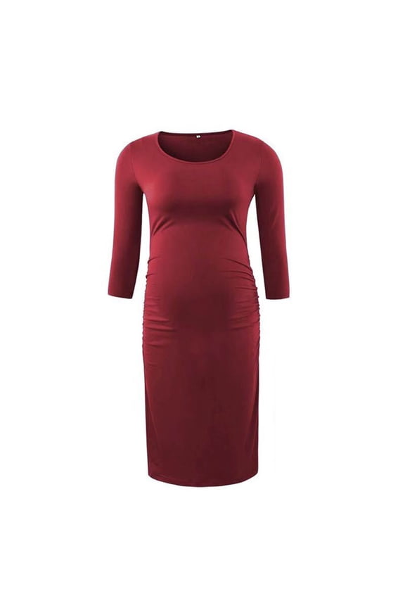 Women's Maternity Oversized Maternity Dress Long Sleeve Round Neck Basic Dress Pregnant Side Ruched Dress