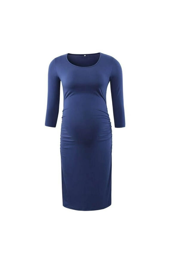 Women's Maternity Oversized Maternity Dress Long Sleeve Round Neck Basic Dress Pregnant Side Ruched Dress