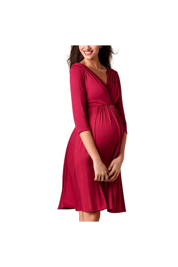 Women's Maternity Plus Size Dress 3/4 Sleeve V Neck Pleated Gowns Dress Pregnant Breastfeeding Party Dress