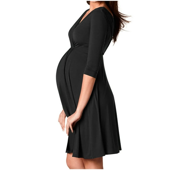 Diufon Women's Maternity Plus Size Dress 3/4 Sleeve V Neck Pleated Gowns Dress Pregnant Breastfeeding Party Dress