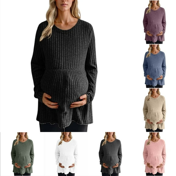 Diufon Women's Maternity Tops Soft Long Sleeve Pregnancy Tunic Blouses Crew Neck Striped Knitted Sweater Top