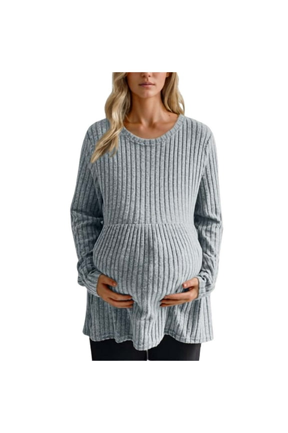 Women's Maternity Tops Soft Long Sleeve Pregnancy Tunic Blouses Crew Neck Striped Knitted Sweater Top
