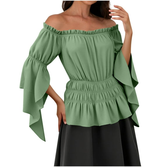 Diufon Women's Medieval Tops Vintage Boho Ruffled Long Sleeve Tunic Blouses Fall Fashion Smocked Top