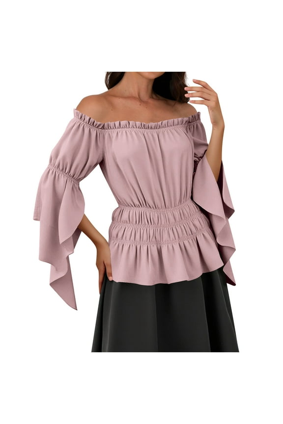 Women's Medieval Tops Vintage Boho Ruffled Long Sleeve Tunic Blouses Fall Fashion Smocked Top