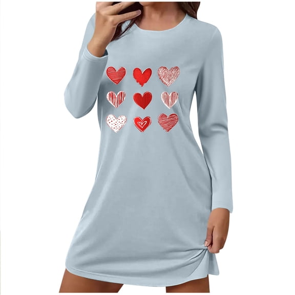 Diufon Women's Nightgown Long Sleeve Valentine's Day Printed Sleep Dress Soft Comfortable Nightdress