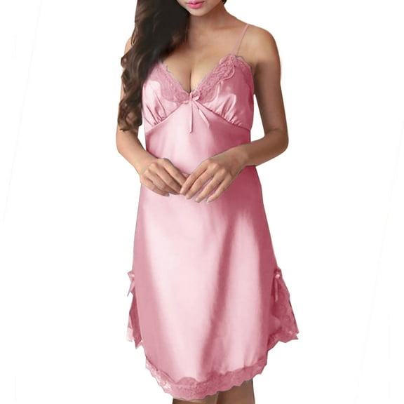 Diufon Women's Nightgown Silk Satin Lace V Neck Camisole Pajama Dress Casual Sleeveless Soft Sleepwear