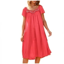 Diufon Women's Nightgowns Plus Size Loose Lace V Neck Short Sleeve Nightdress Summer Pleated Sleep Dress