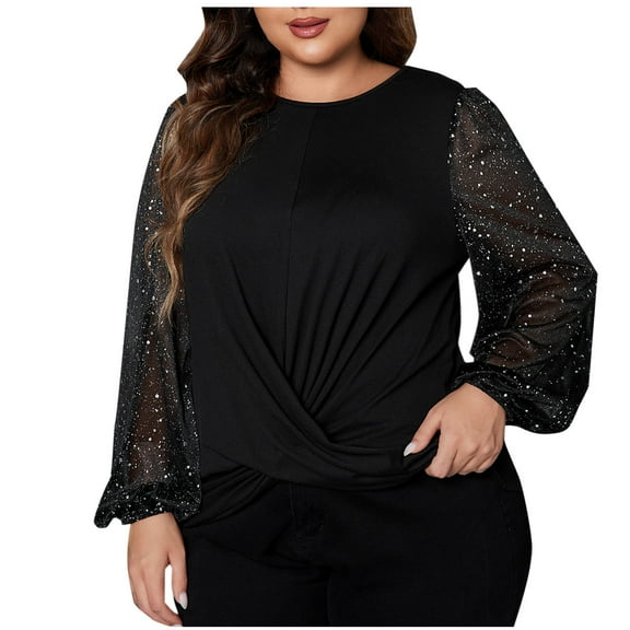 Diufon Women's Oversize Tops Spring Fall Long Sleeve Glitter Loose Crewneck Tops Party Ruched Gowns Blouse