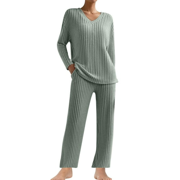 Diufon Women's Oversized Pajama Set 2 Piece Knitted Long Sleeve V Neck Tops and Wide Leg Pants Sleepwear Outfit