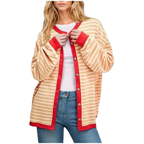 Diufon Women's Oversized Striped Cardigan Sweatshirts Fall Winter Color Block Long Sleeve Button Down Jackets