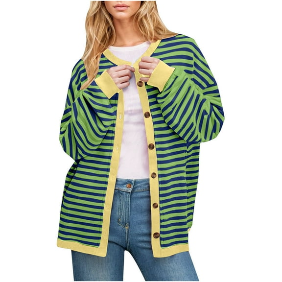 Diufon Women's Oversized Striped Cardigan Sweatshirts Fall Winter Color Block Long Sleeve Button Down Jackets
