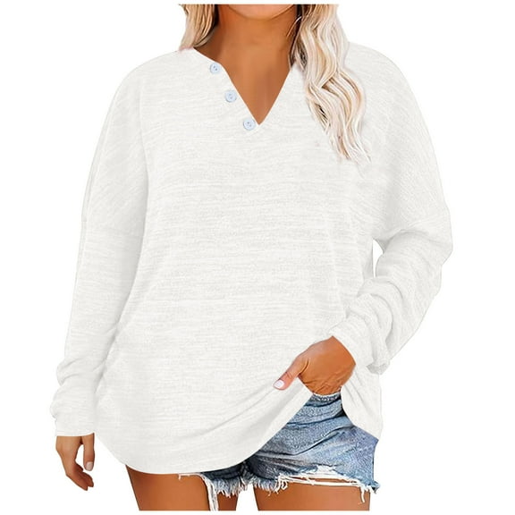 Diufon Women's Oversized Tops Soft Cotton Long Sleeve Button V Neck Loose Pullover Shirts Casual Basic Blouses