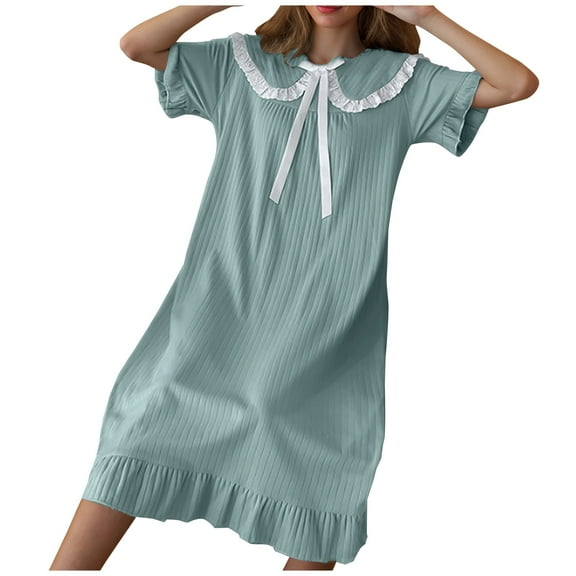 Diufon Women's Pajama Dress Casual Lace Doll Collar Short Sleeve Nightgowns Spring Summer Loose Sleepwear