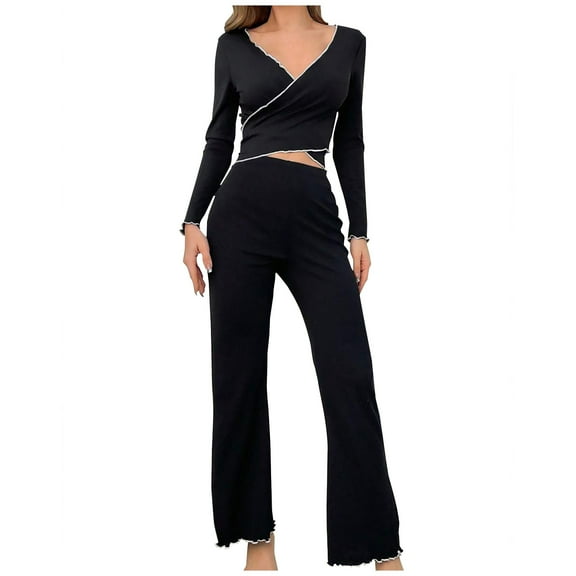 Diufon Women's Pajamas Set Long Sleeve Crisscross Deep V Neck Cropped Tops and Pants Trendy Home 2 Piece Sets