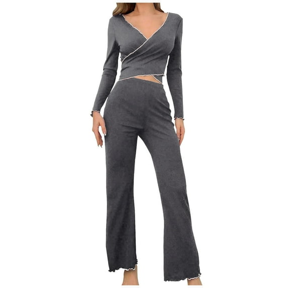 Diufon Women's Pajamas Set Long Sleeve Crisscross Deep V Neck Cropped Tops and Pants Trendy Home 2 Piece Sets