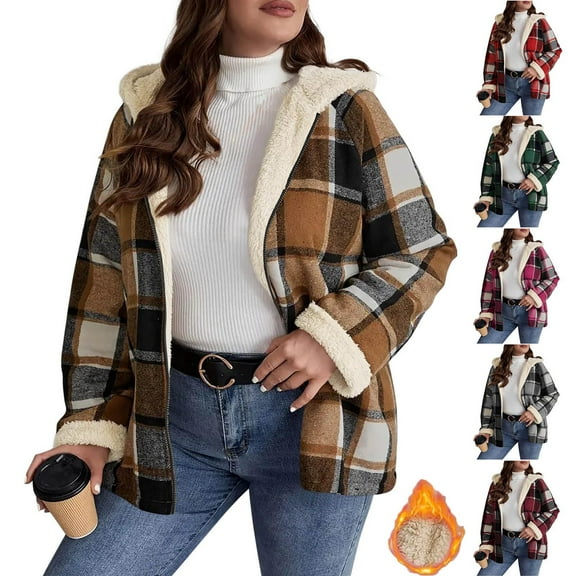 Diufon Fleece Jackets for Women Oversized Plaid Long Sleeve Hooded Jacket Fall Winter Casual Warm Outwear