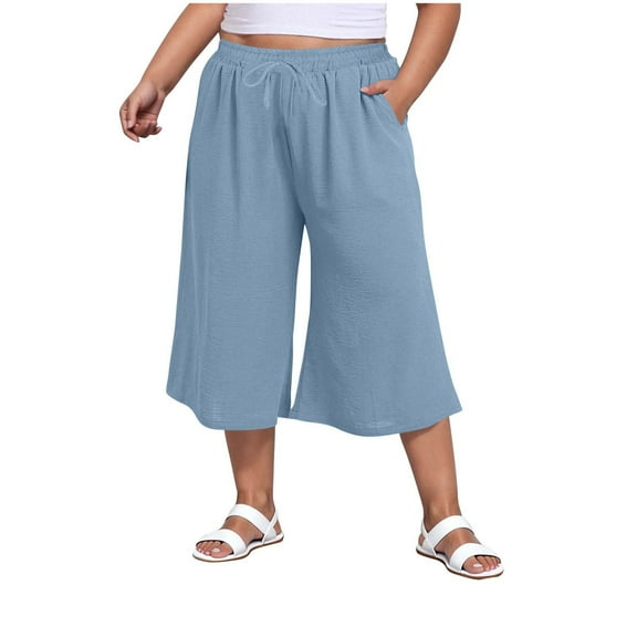 Diufon Women's Plus Size Capri Pants High Waisted Wide Leg Culottes Trousers with Pockets for Summer Casual Wear
