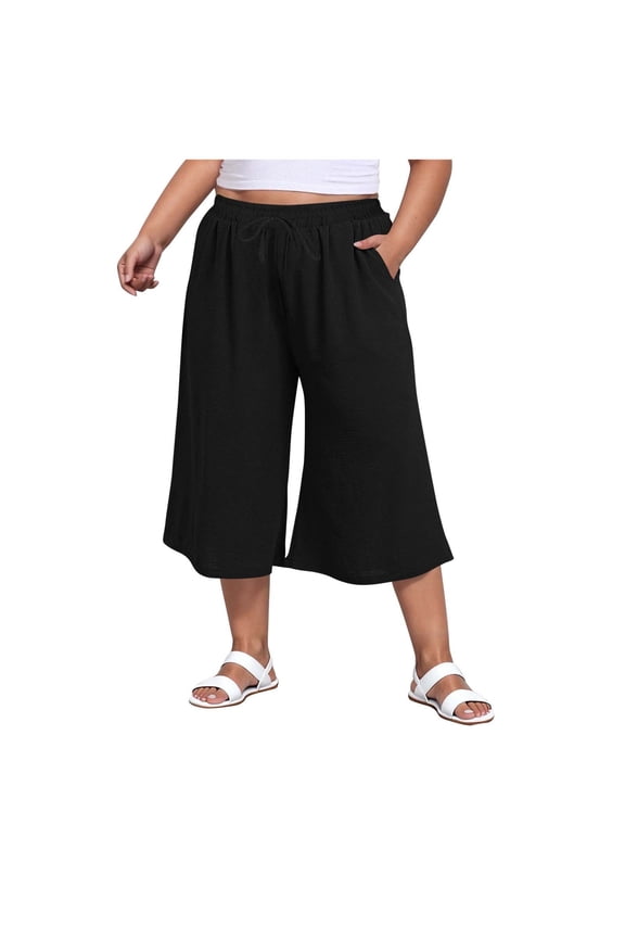 Women's Plus Size Capris High Waisted Side Slit Wide Leg Pants with Pockets Summer Casual Trousers