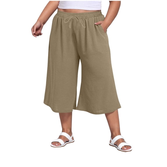 Diufon Women's Plus Size Capris High Waisted Side Slit Wide Leg Pants with Pockets Summer Casual Trousers