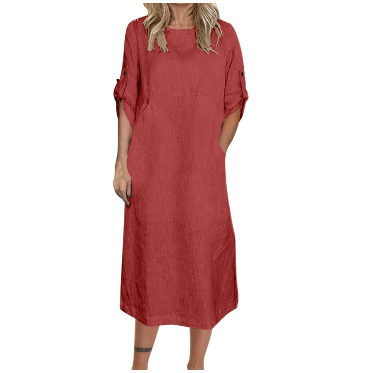 3/4 Sleeve Solid Color Round Neck Buttons Plus Size Maxi Dresses 3/4 Sleeve Solid Color Round Neck Buttons Plus Size Maxi Dresses
