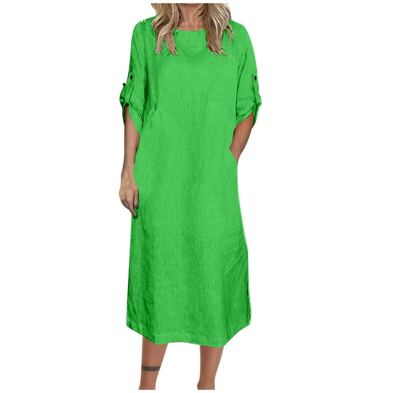 3/4 Sleeve Solid Color Round Neck Buttons Plus Size Maxi Dresses 3/4 Sleeve Solid Color Round Neck Buttons Plus Size Maxi Dresses