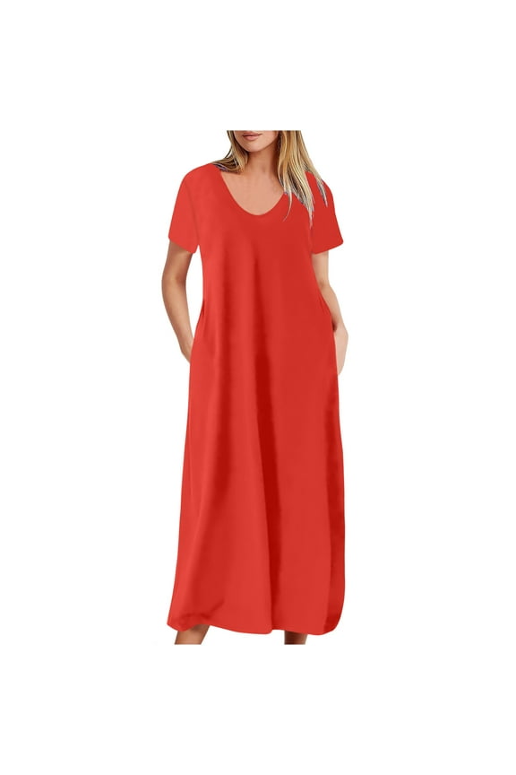 Women's Plus Size Dresses Solid Color Dress V Neck Short Sleeve Maxi Dress with Pockets