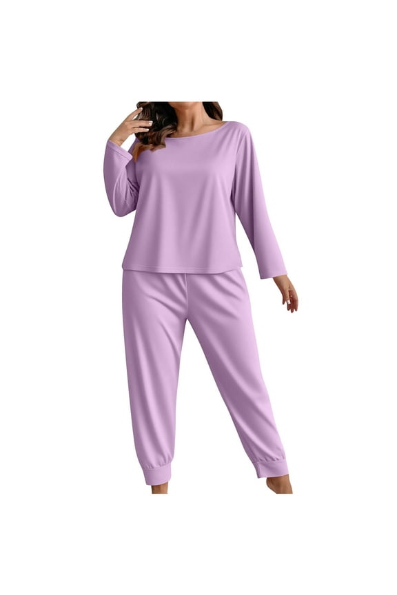 Women's Plus Size Sleepwear Solid Color Long Sleeve Crewneck Tops & Pants Casual Home 2 Piece Set