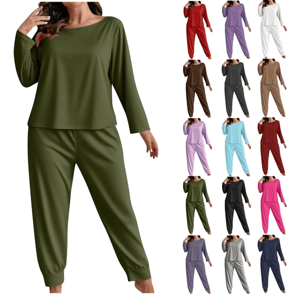 Diufon Women's Plus Size Sleepwear Solid Color Long Sleeve Crewneck Tops & Pants Casual Home 2 Piece Set