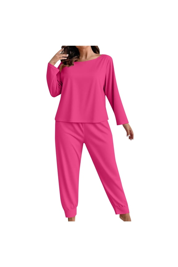 Women's Plus Size Sleepwear Solid Color Long Sleeve Crewneck Tops & Pants Casual Home 2 Piece Set