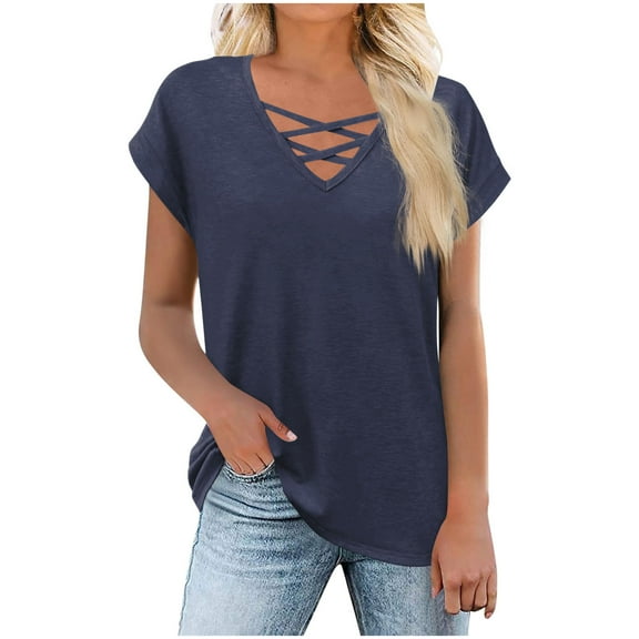 Diufon Womens Plus Size Tops Summer Casual Crisscross V Neck Short Sleeve Shirts Oversized Loose Tunic Blouse