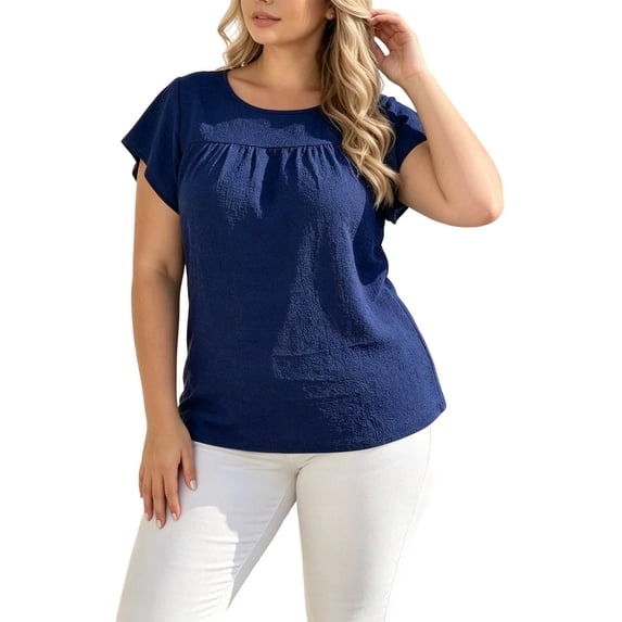 Diufon Women's Plus Size Tops Round Neck Ruffle Short Sleeve Solid Color tee Shirts Ruched Front Casual Tunics