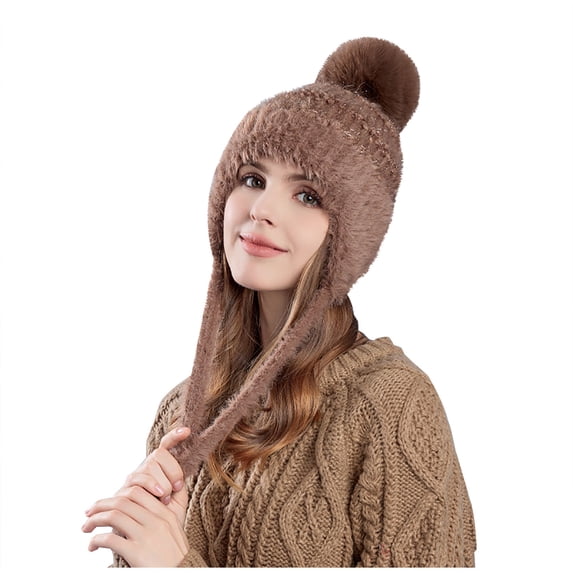 Diufon Women's Plush Warm Hat Knitted Wool Winter Windproof Hats for Ladies Fleece Lined Ski Cap with Plush Ball