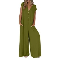 Diufon Women's Rompers V Neck Cap Sleeve Button Playsuits with Pockets Solid Color Wide Leg Bodysuits