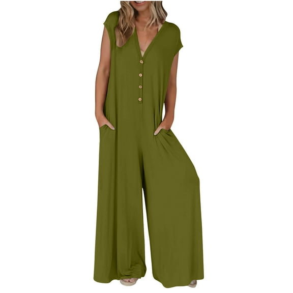 Diufon Women's Rompers V Neck Cap Sleeve Button Playsuits with Pockets Solid Color Wide Leg Bodysuits