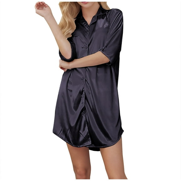 Diufon Women's Satin Nightshirt Casual V Neck 3/4 Sleeve Button Down Sleepshirt Ladies Home Sleepwear