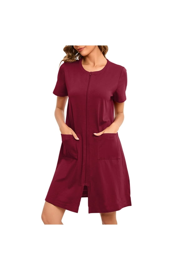 Women's Short Sleeve Pajamas Zipper Front Home Robe Lightweight Knee Length Bathrobes Dress with Pockets