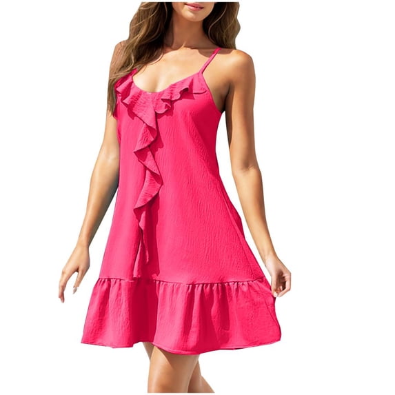 Diufon Women's Sleeveless Dresses Summer Beach Spaghetti Straps Ruffled V Neck Dress Casual Outdoor Flowy Dress
