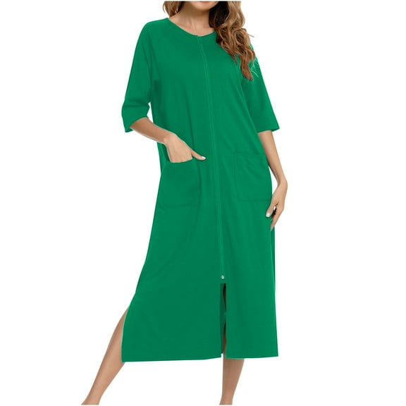 Diufon Women's Soft Nightdress Casual Loose Crew Neck Half Sleeve Pajamas Dress Solid Color Slit Nightgown with Pockets