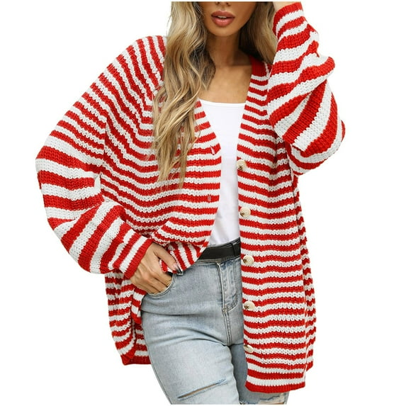 Diufon Women's Striped Cardigan Long Sweaters Fall Winter Oversize Button Down V Neck Long Sleeve Knitwear