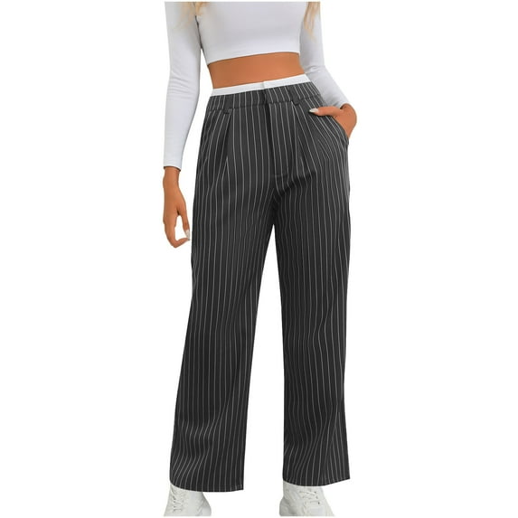 Diufon Women's Striped Wide Leg Pants Casual Loose High Waisted Trousers Color Block Work Pant with Pockets