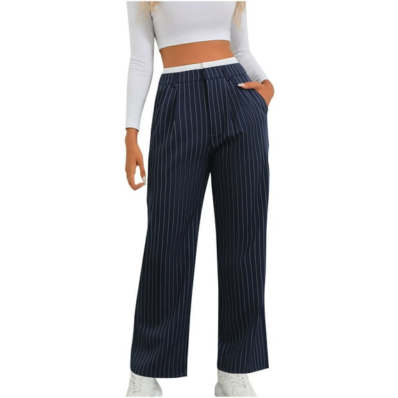 Diufon Women's Striped Wide Leg Pants Casual Loose High Waisted Trousers Color Block Work Pant with Pockets