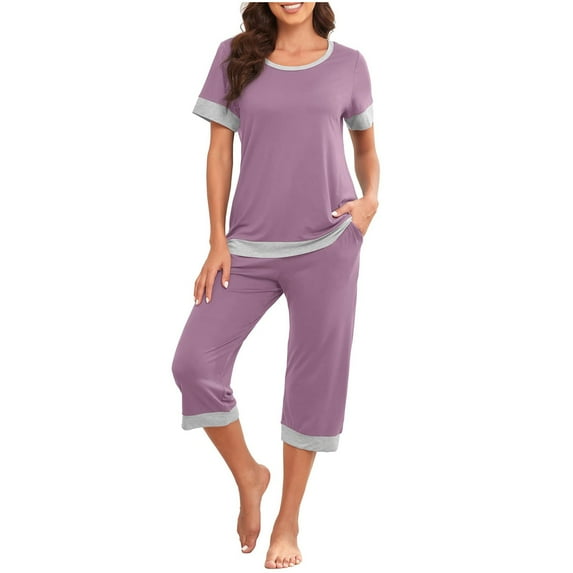 Diufon Women's Summer 2 Piece Suits Short Sleeve Round Neck Tops 3/4 Pants Color Block Outfits with Pockets