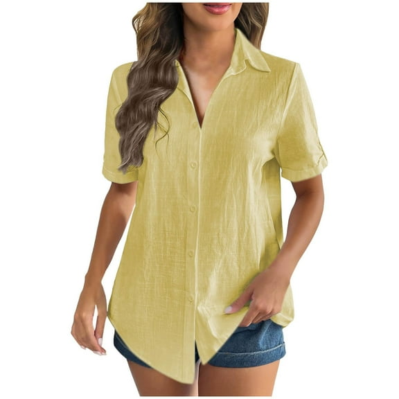 Diufon Women's Summer Button Down Shirts Casual Loose Short Sleeve V Neck Tops Cotton Linen Basic Blouses