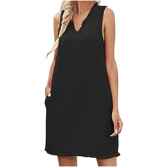 Diufon Women's Summer Casual Dresses Solid Color Dress Ruffle V Neck Sleeveless Mini Dress with Pockets