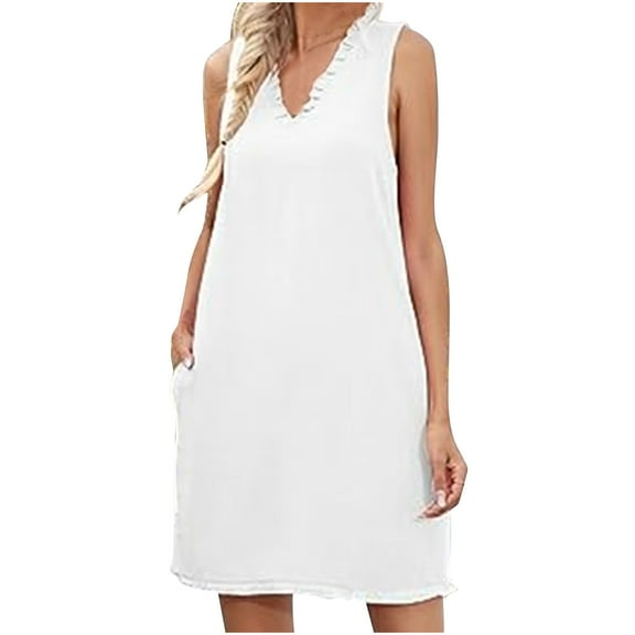 Diufon Women's Summer Casual Dresses Solid Color Dress Ruffle V Neck Sleeveless Mini Dress with Pockets