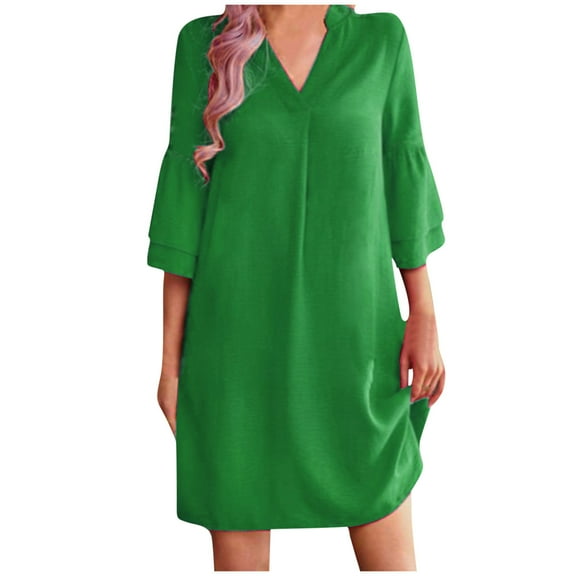 Diufon Women's Summer Casual Dresses V Neck Layer 3/4 Length Sleeve Dress Solid Color Dress