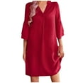 thumbnail image 1 of Diufon Women's Summer Casual Dresses V Neck Layer 3/4 Length Sleeve Dress Solid Color Dress, 1 of 5