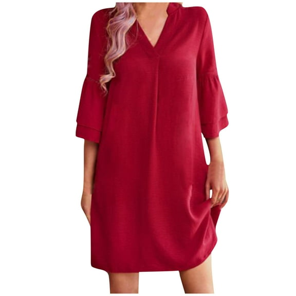 Diufon Women's Summer Casual Dresses V Neck Layer 3/4 Length Sleeve Dress Solid Color Dress