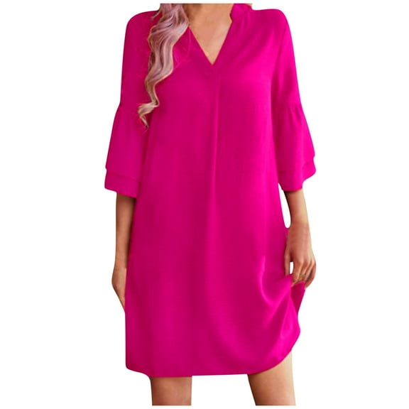 Diufon Women's Summer Casual Dresses V Neck Layer 3/4 Length Sleeve Dress Solid Color Dress